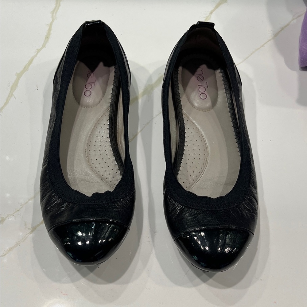 Me Too Black Leather Flats with Shiny Toe Cap